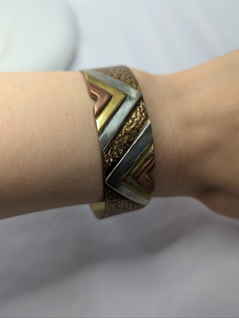 Tri-Tone Chevron Metal Cuff Bracelet - Brass, Silver, Copper